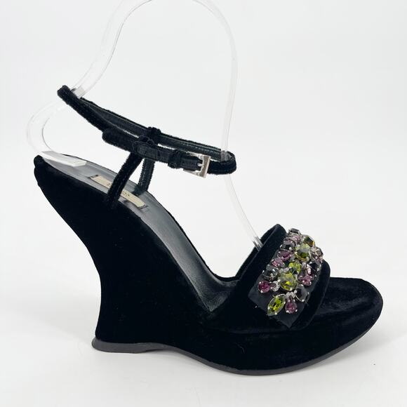 Vintage Prada Black Velvet Jeweled Embellished Platform Wedge Heel Sandals IT 37 - Picture 2 of 10